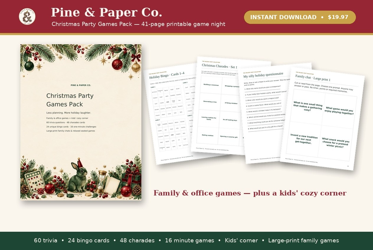 Christmas Party Games Pack cover with bingo, charades, kids' questionnaire and large-print family game pages